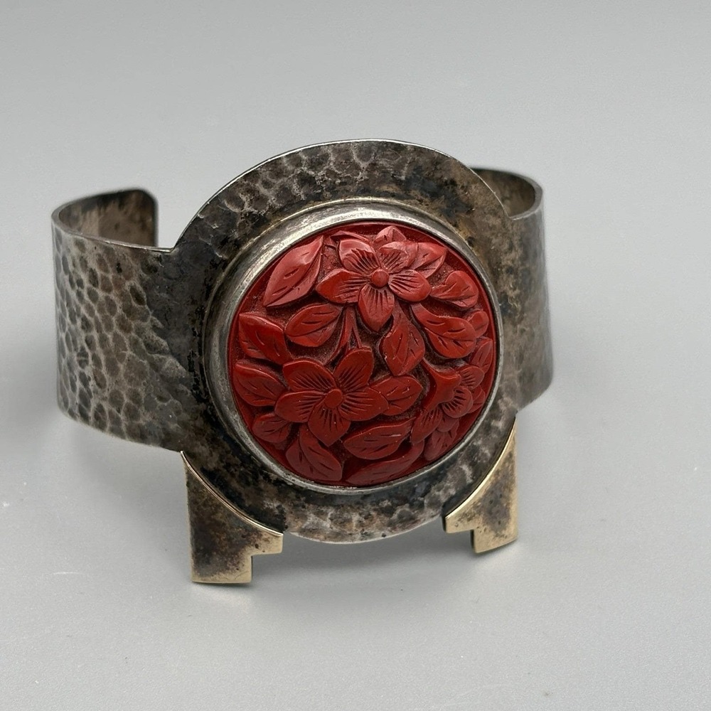 Hammered Sterling Silver 14k Gold Cuff Bracelet Cinnabar M&J Savitt Modernist